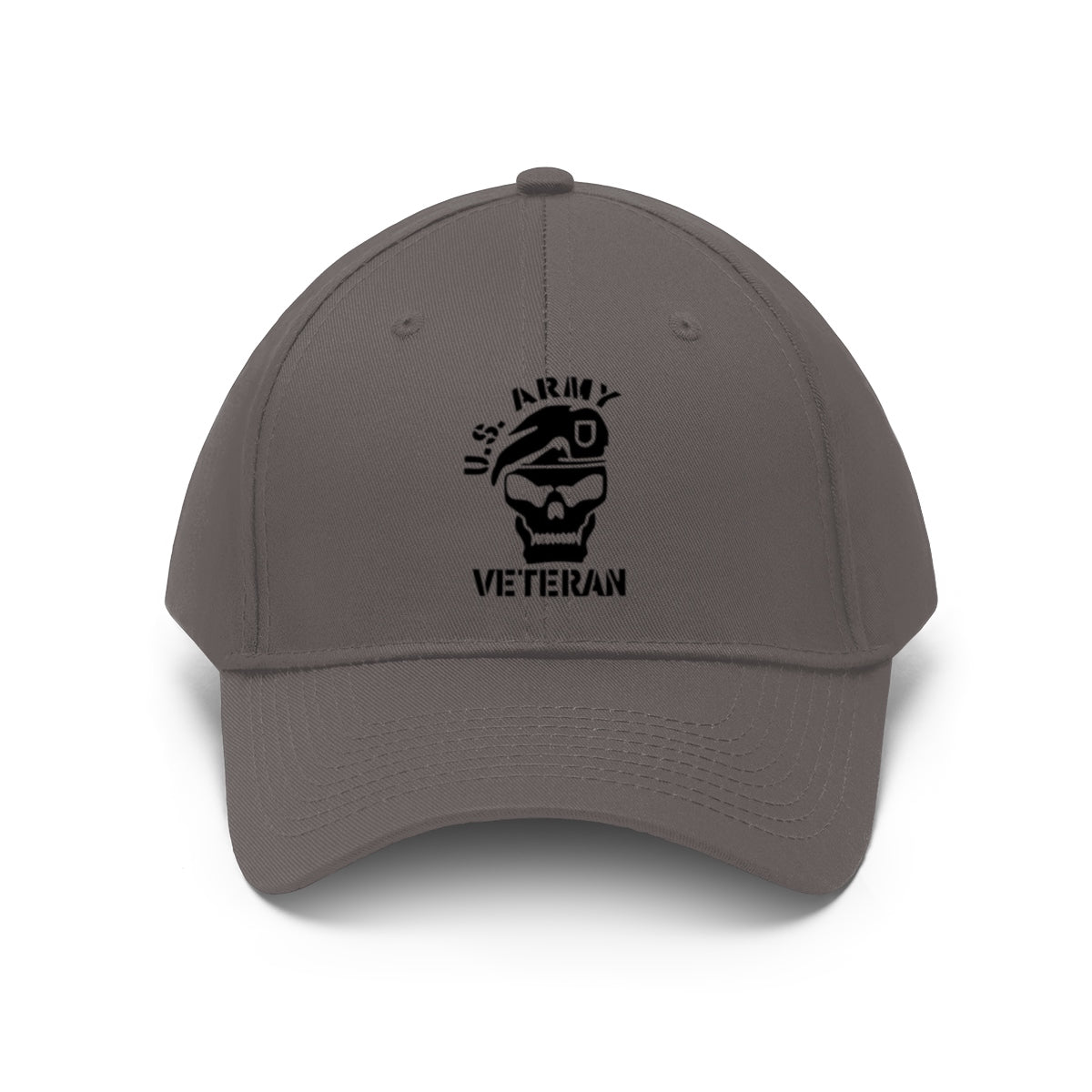 Vintage Twill Baseball Cap US Army Veteran with skull design and U.S. Army text printed on a gray cap.