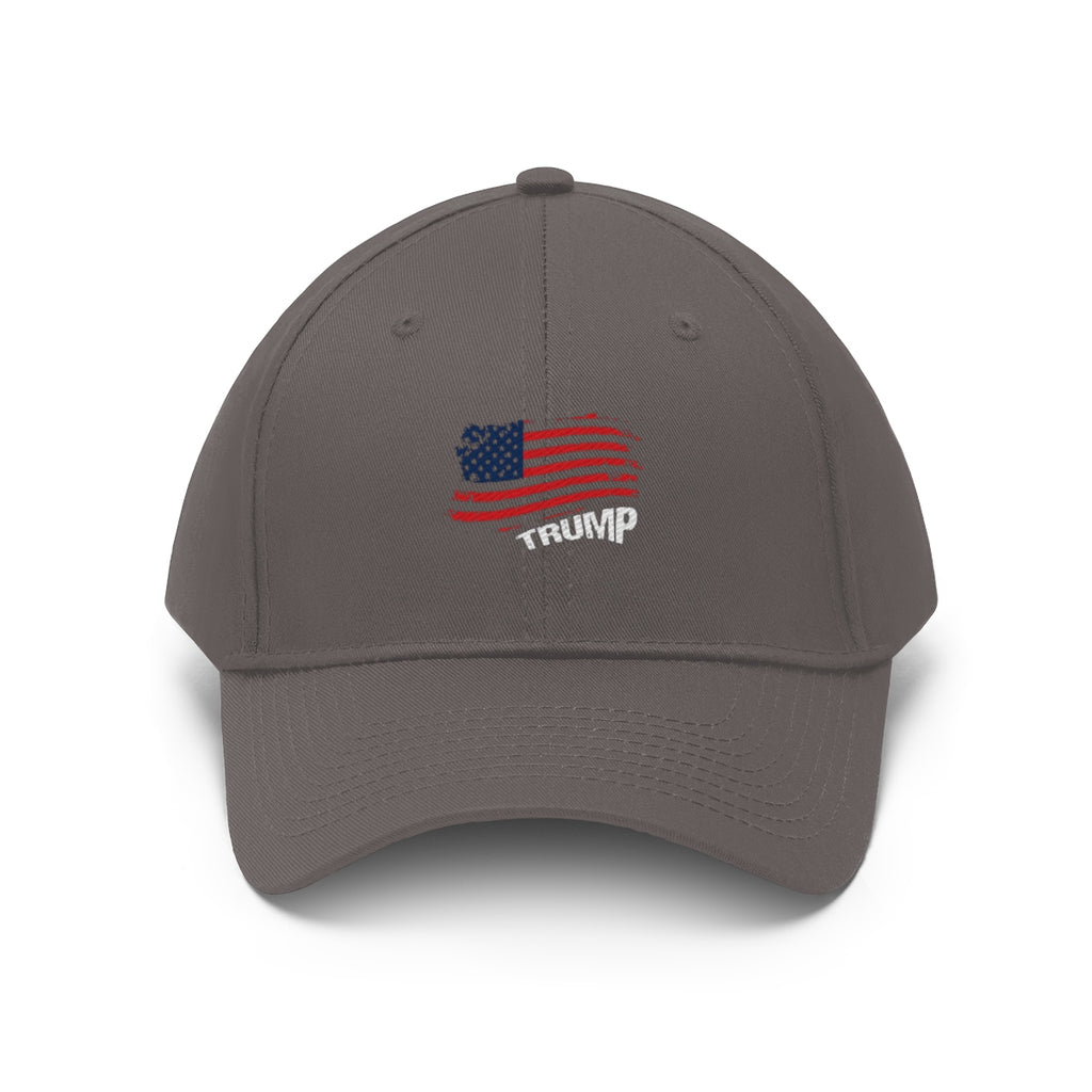 Trump American Flag Patriotic Twill Cap featuring an embroidered U.S. flag and 'TRUMP' text on the front.