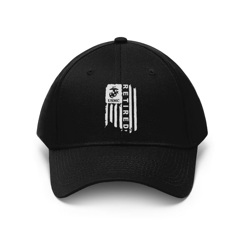 USMC Retired On Distressed American Flag Twill Cap featuring black fabric and embroidered design on the front.