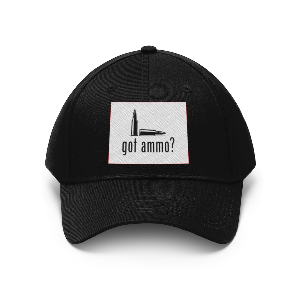 Got Ammo Twill Cap Funny Tactical Style Cap featuring a bold bullet design and humorous text on a black hat.