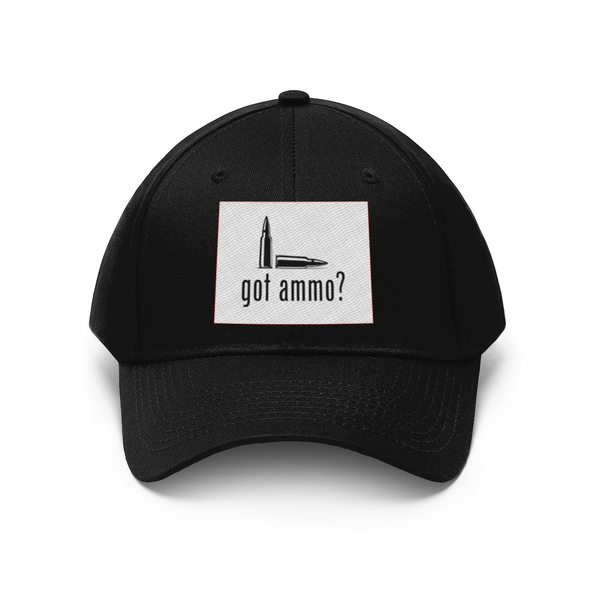Got Ammo Twill Cap Funny Tactical Style Cap featuring a bold bullet design and humorous text on a black hat.