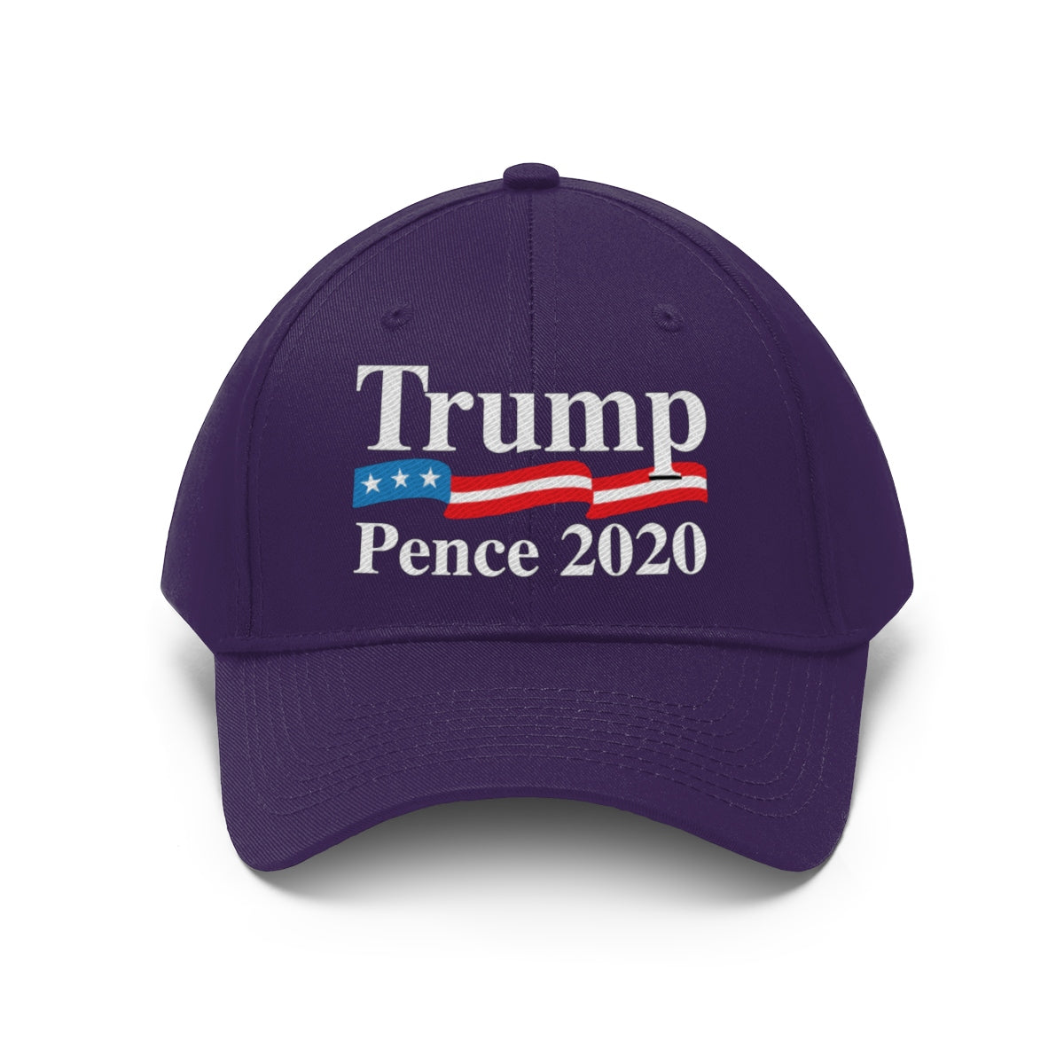 Trump Pence 2020 American Flag Twill Cap featuring patriotic colors and bold campaign lettering on a stylish cap.