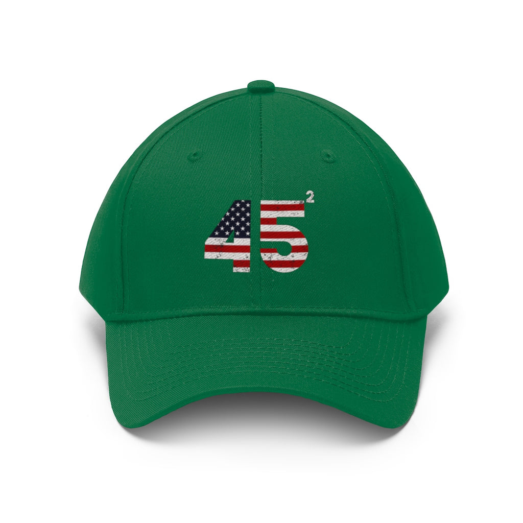 45 Squared Twill Cap Bold Numeric Statement Hat in green with American flag design and bold numeric print