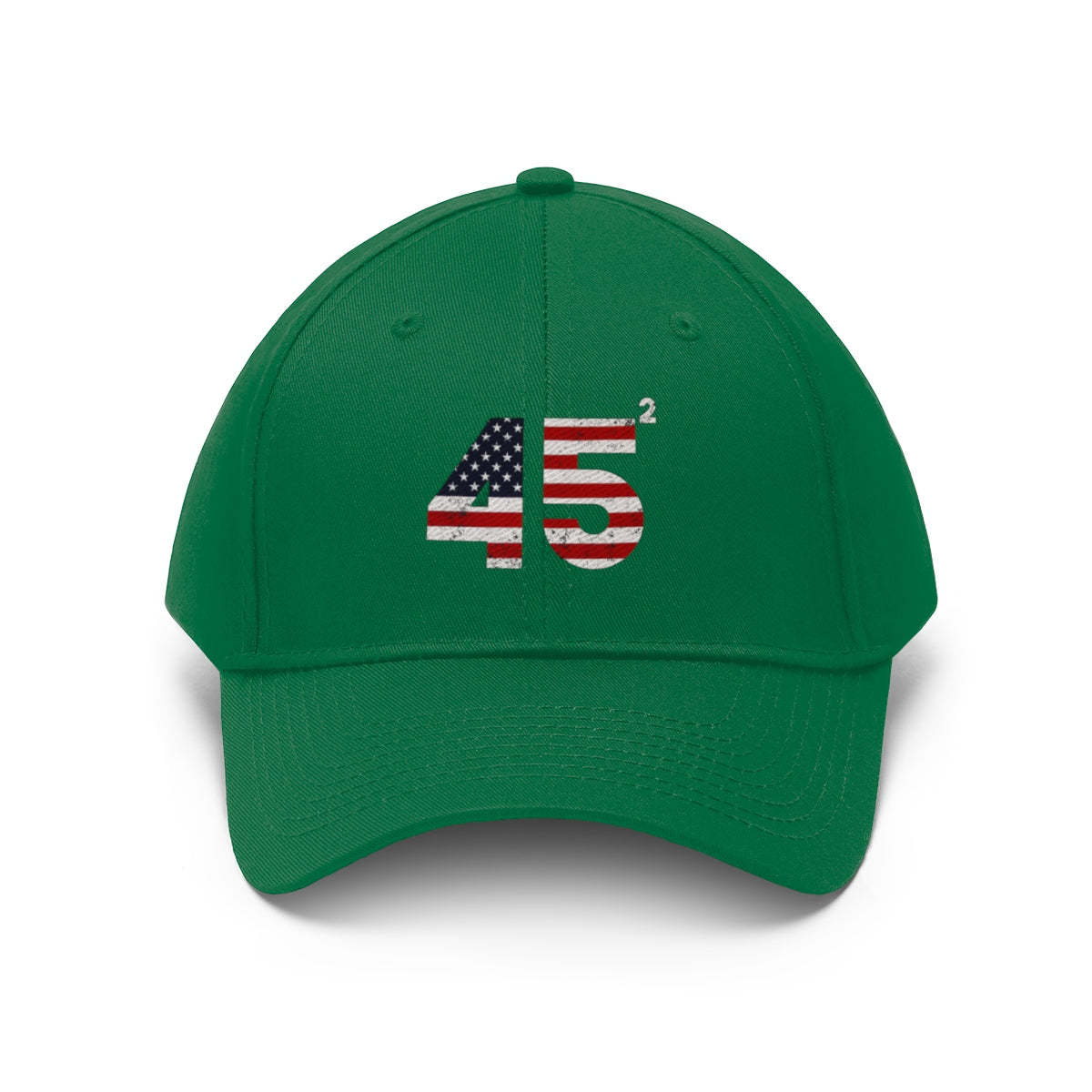 45 Squared Twill Cap Bold Numeric Statement Hat in green with American flag design and bold numeric print