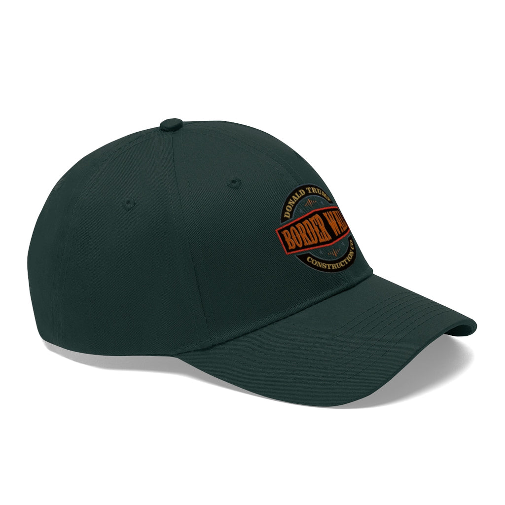 Classic Border Wall Twill Cap Donald Trump in dark green with construction-themed logo.