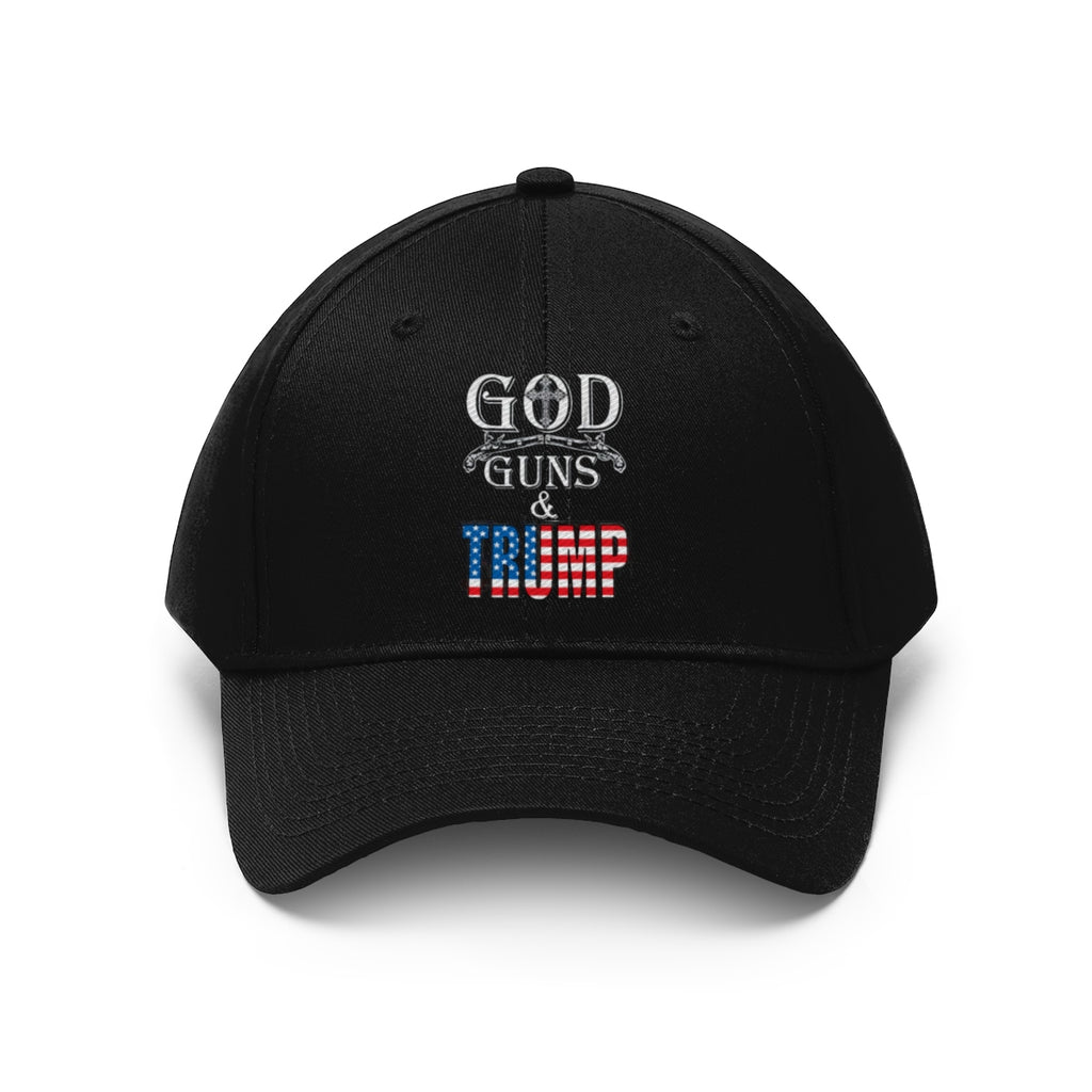 God Guns And Twill Cap Trump Patriotic Statement Hat in black with embroidered text.