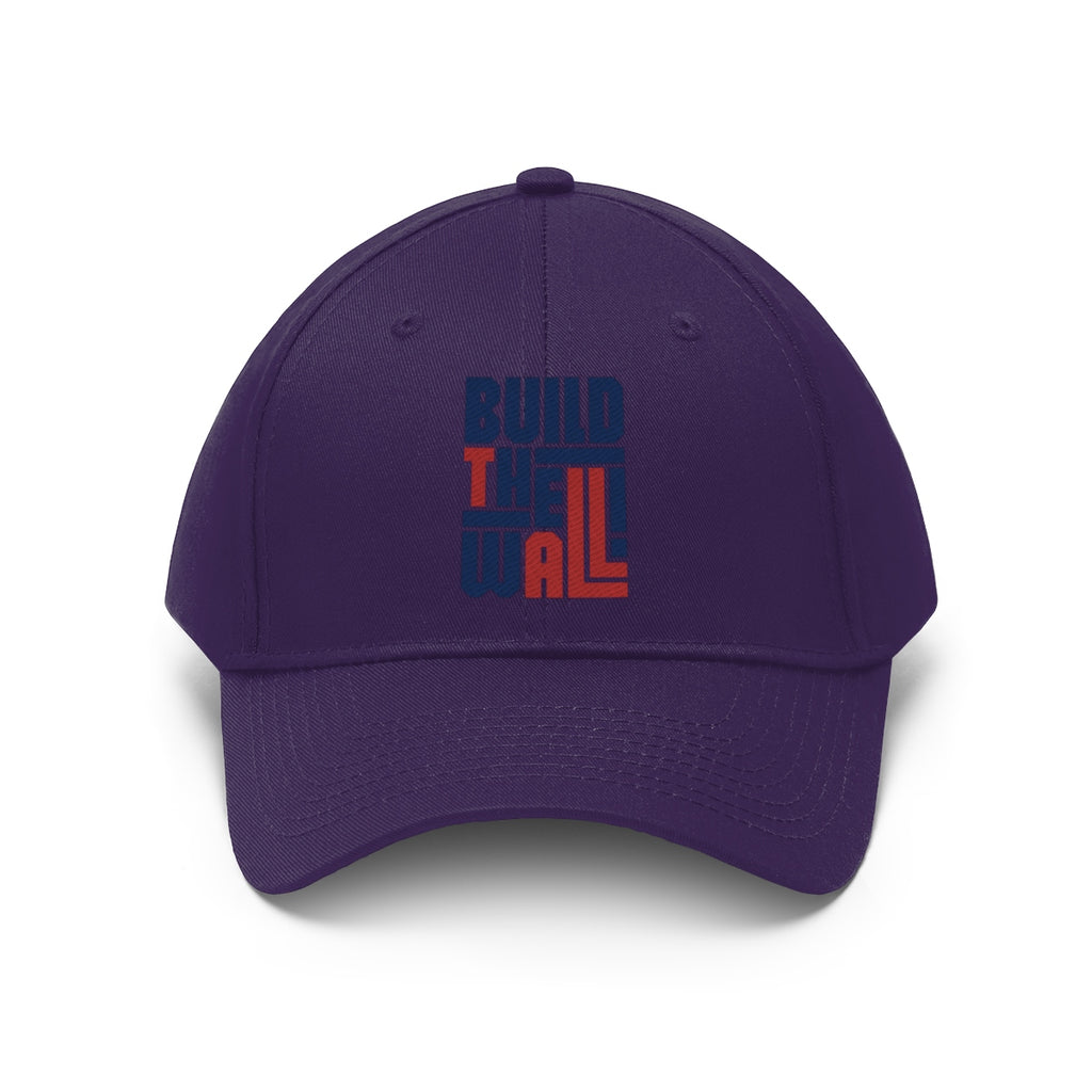 Build The Wall Twill Cap Classic Statement Wear Cap in purple with bold text design.