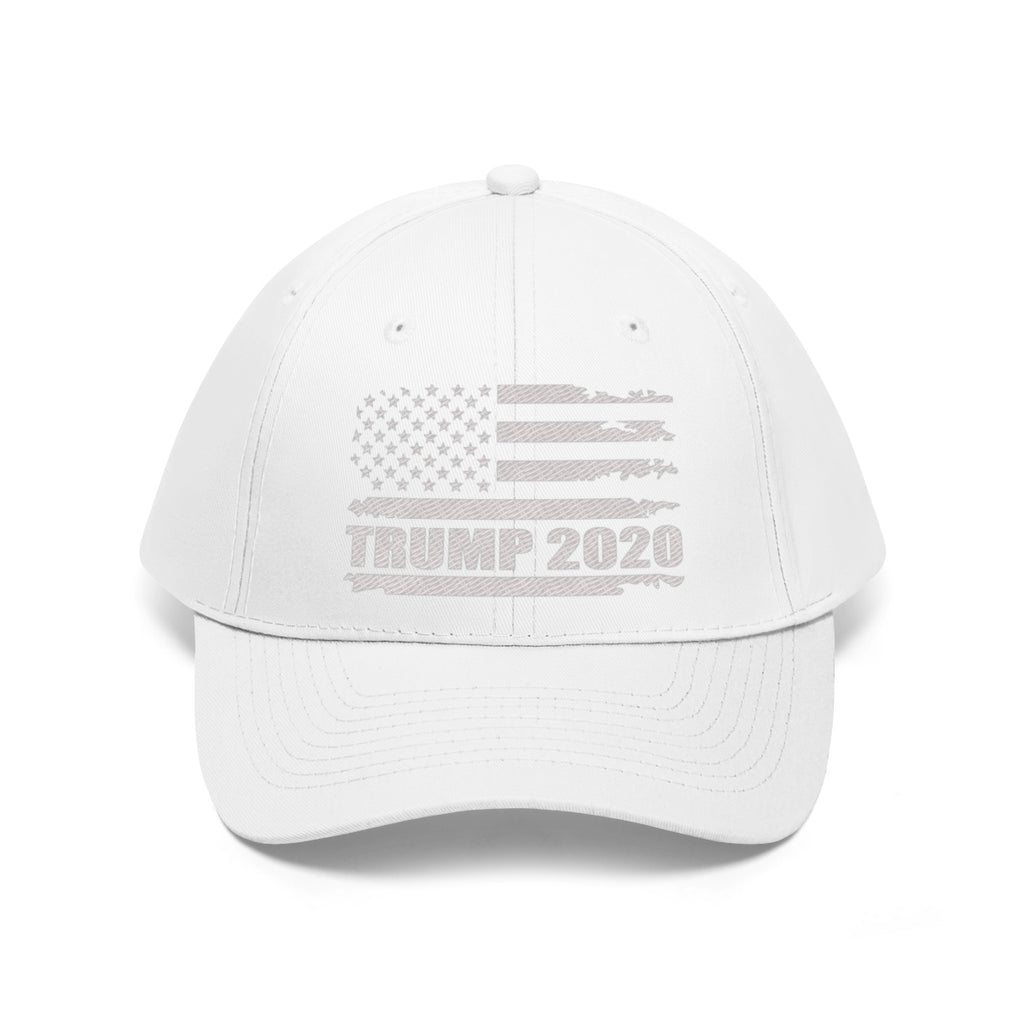 Trump 2020 Distressed American Flag Wht Ltrs Twill Cap featuring a white design with an American flag and text.
