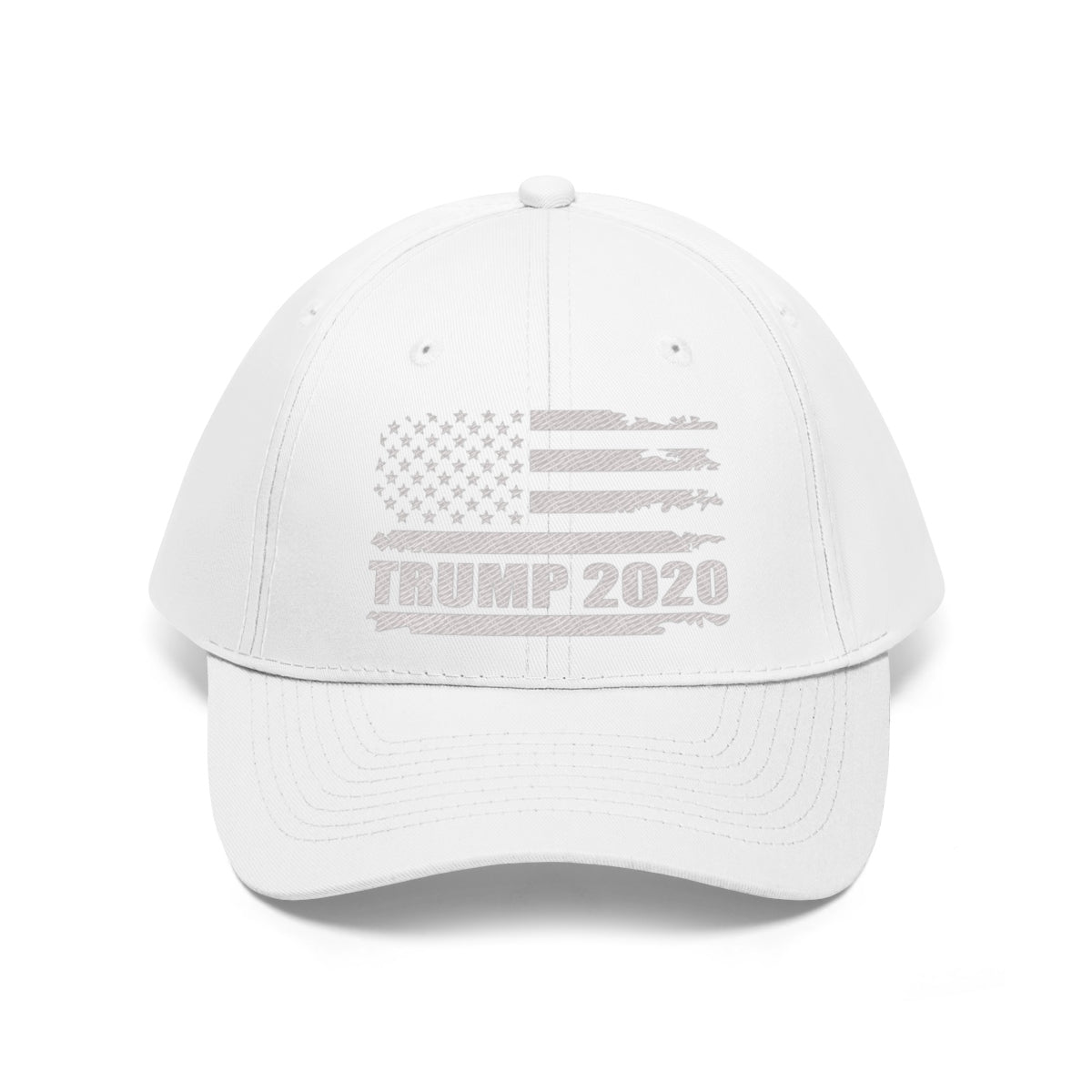 Trump 2020 Distressed American Flag Wht Ltrs Twill Cap featuring a white design with an American flag and text.