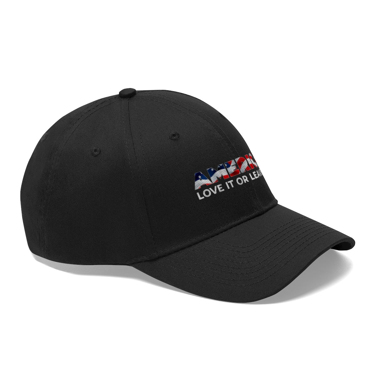 America Love It Or Leave It Twill Baseball Cap in black with patriotic design and statement text.