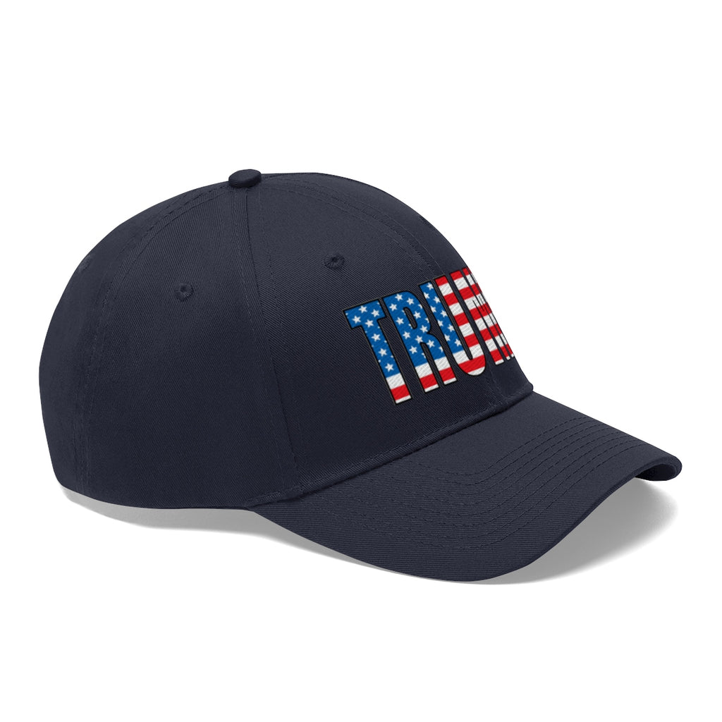 American Flag Twill Cap Patriotic Trump Classic Cap in navy with bold 'TRUMP' lettering and American flag design.