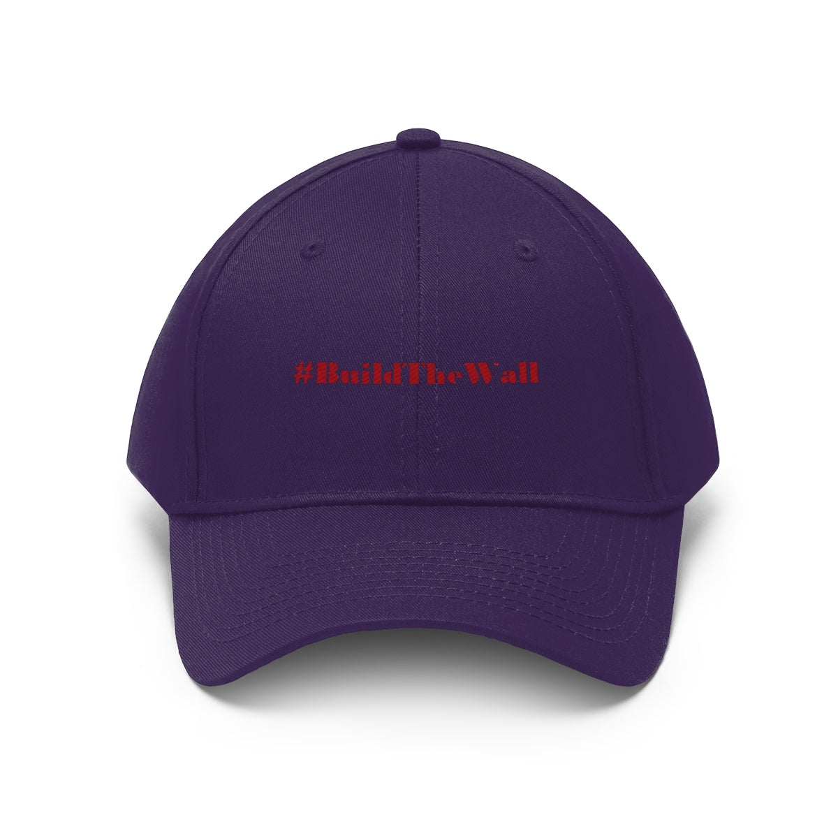 Build The Wall Embroidered Cotton Twill Cap featuring #BuildTheWall in bold red on a purple background.