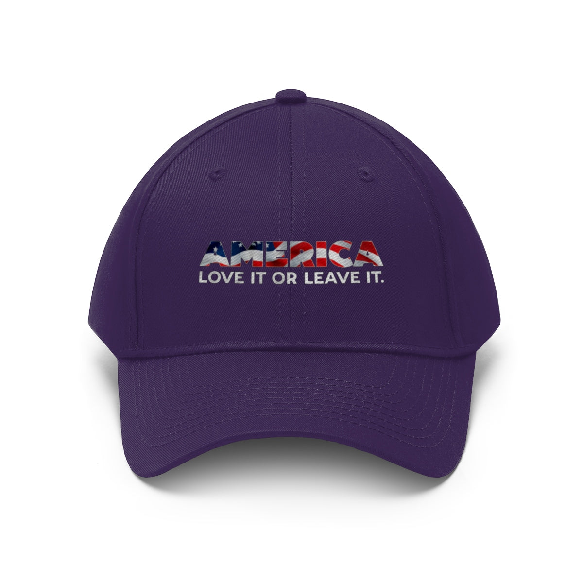 America Love It Or Leave It Twill Baseball Cap featuring a patriotic design on a purple base.