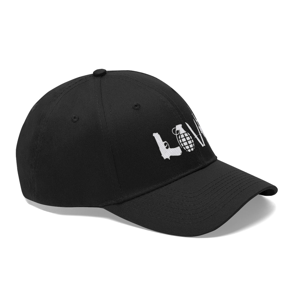 Love Combat Inspired Street Style Twill Cap featuring bold graphic design on a black cap.