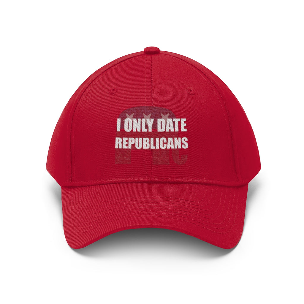 I Only Date Republicans Twill Cap in bright red with bold political statement.