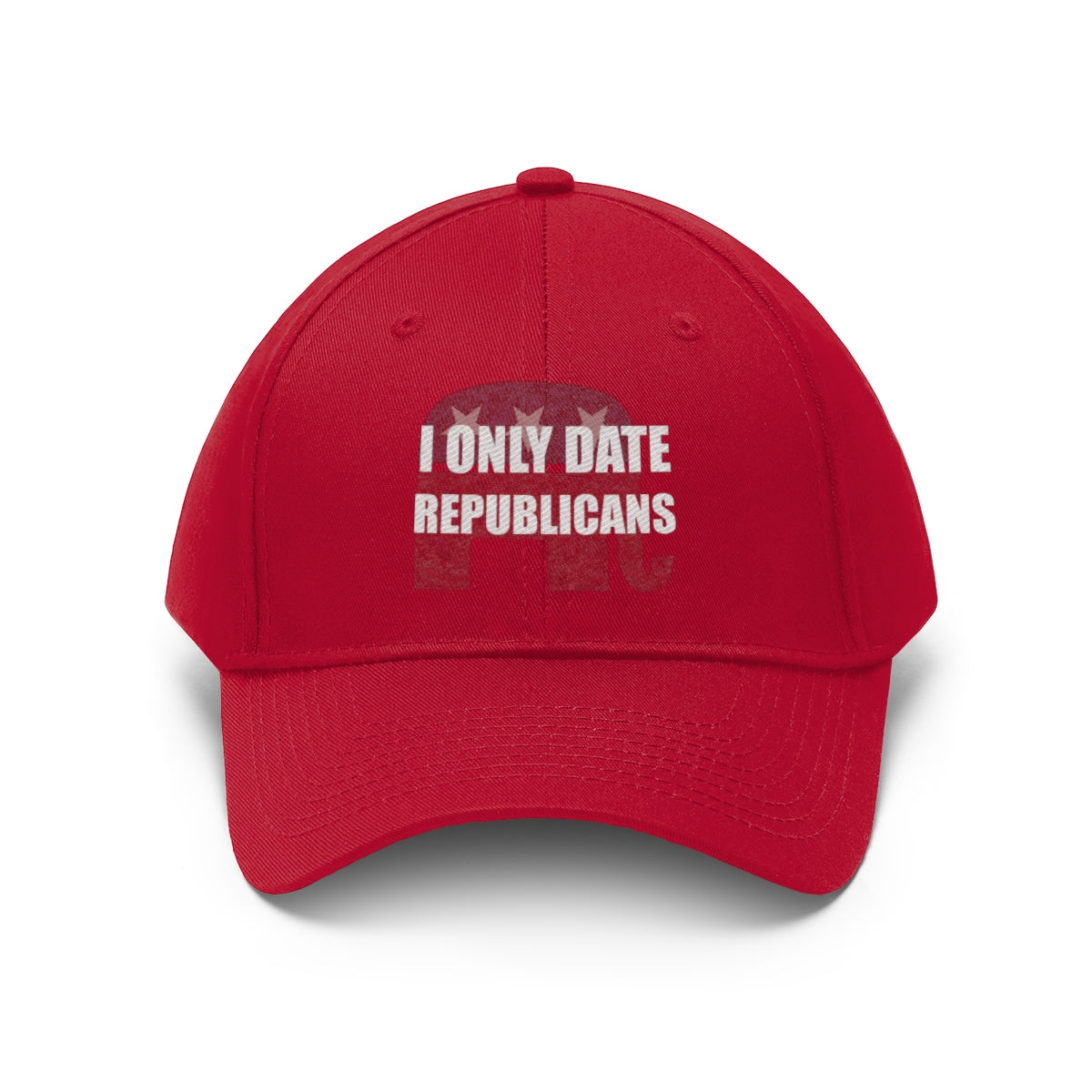 I Only Date Republicans Twill Cap in bright red with bold political statement.