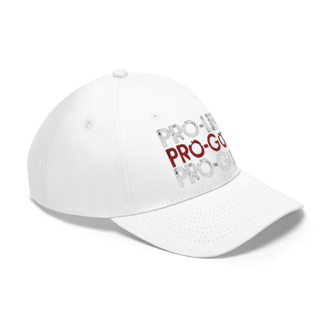Pro-Life Pro-God Pro-Gun Cotton Twill Cap featuring defiant message on a white cap.