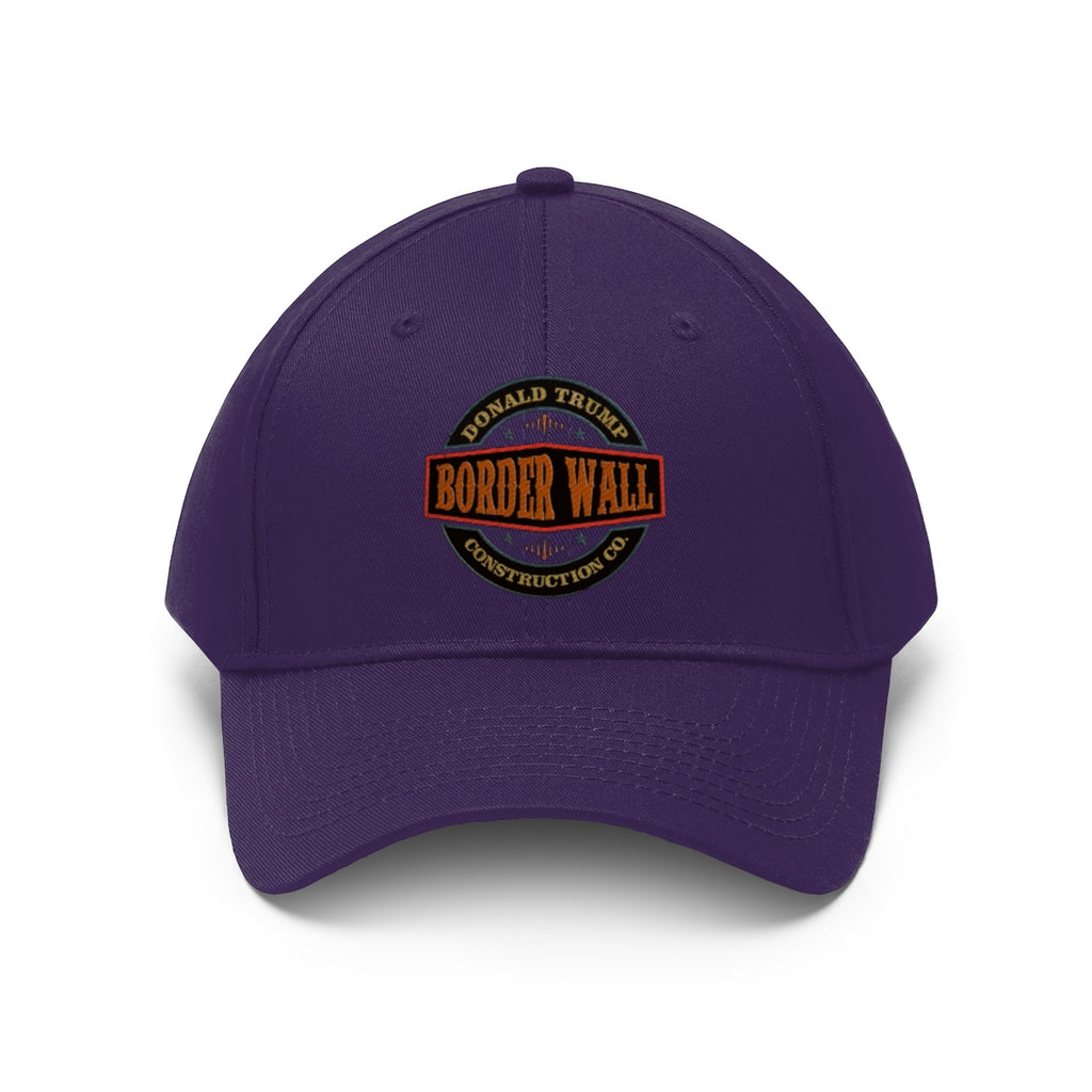 Classic Border Wall Twill Cap Donald Trump in purple with logo featuring border wall design.