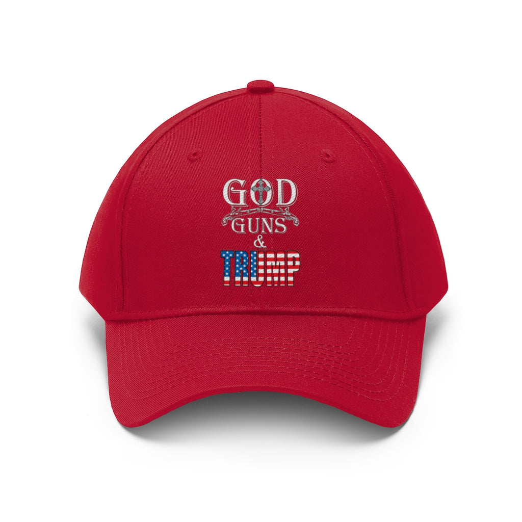 God Guns And Twill Cap Trump Patriotic Statement Hat showcasing red hat with embroidered text.