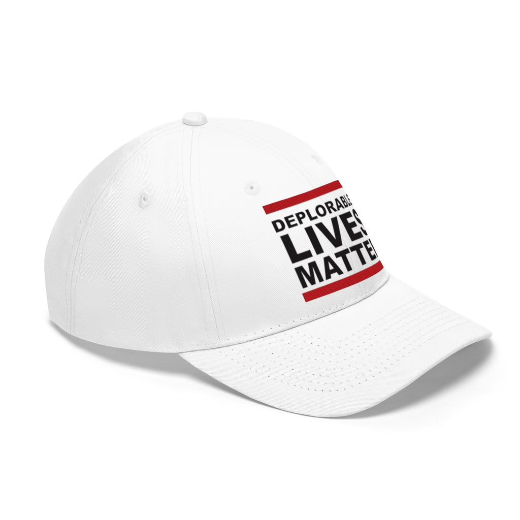 Deplorable Lives Matter Twill Cap featuring bold text on a white dad hat design, perfect for patriots and political rallies.