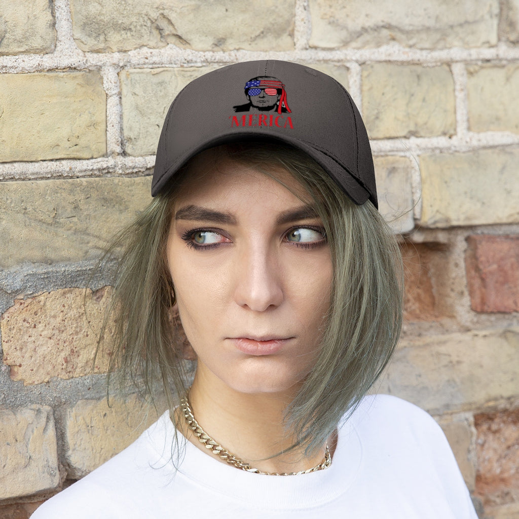 Classic Merica Baseball Cap with Trump Design worn by a model against a brick wall backdrop.