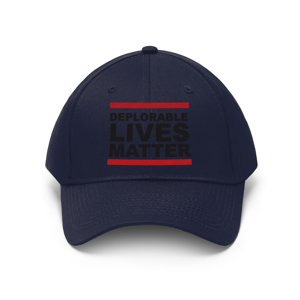 Deplorable Lives Matter Twill Cap featuring bold text design on a navy dad hat.
