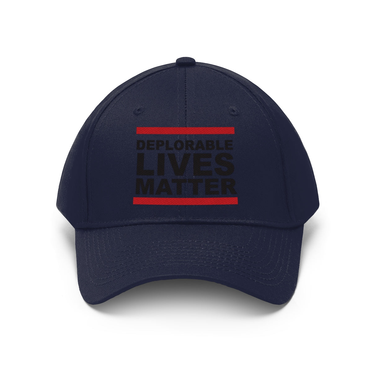 Deplorable Lives Matter Twill Cap featuring bold text design on a navy dad hat.