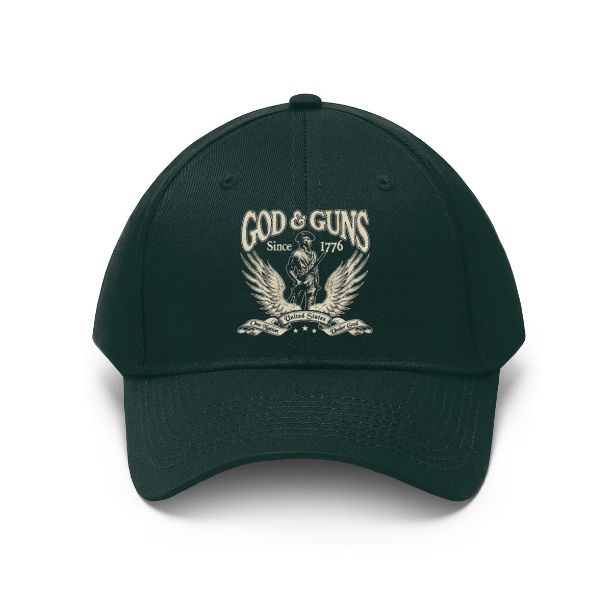 God And Guns Since 1776 Twill Cap featuring a striking eagle emblem and vintage lettering.