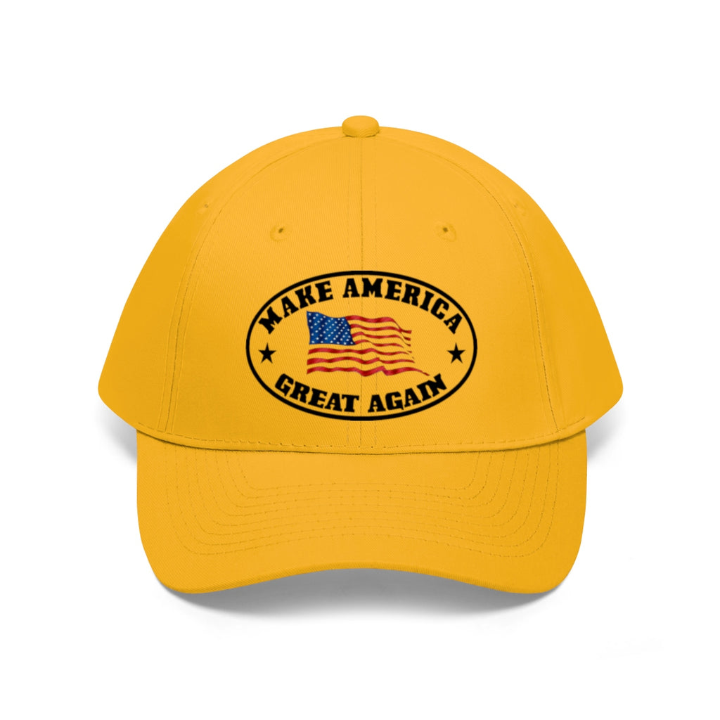Make America Great Again US Flag Twill Cap in yellow with patriotic design and statement.