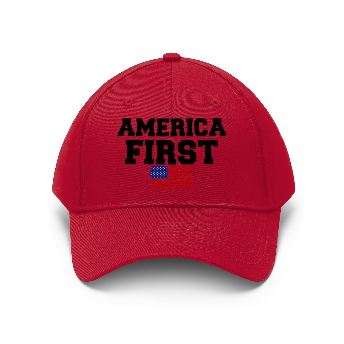 America First Patriotic Twill Cap featuring bold text and American flag design on a red hat.