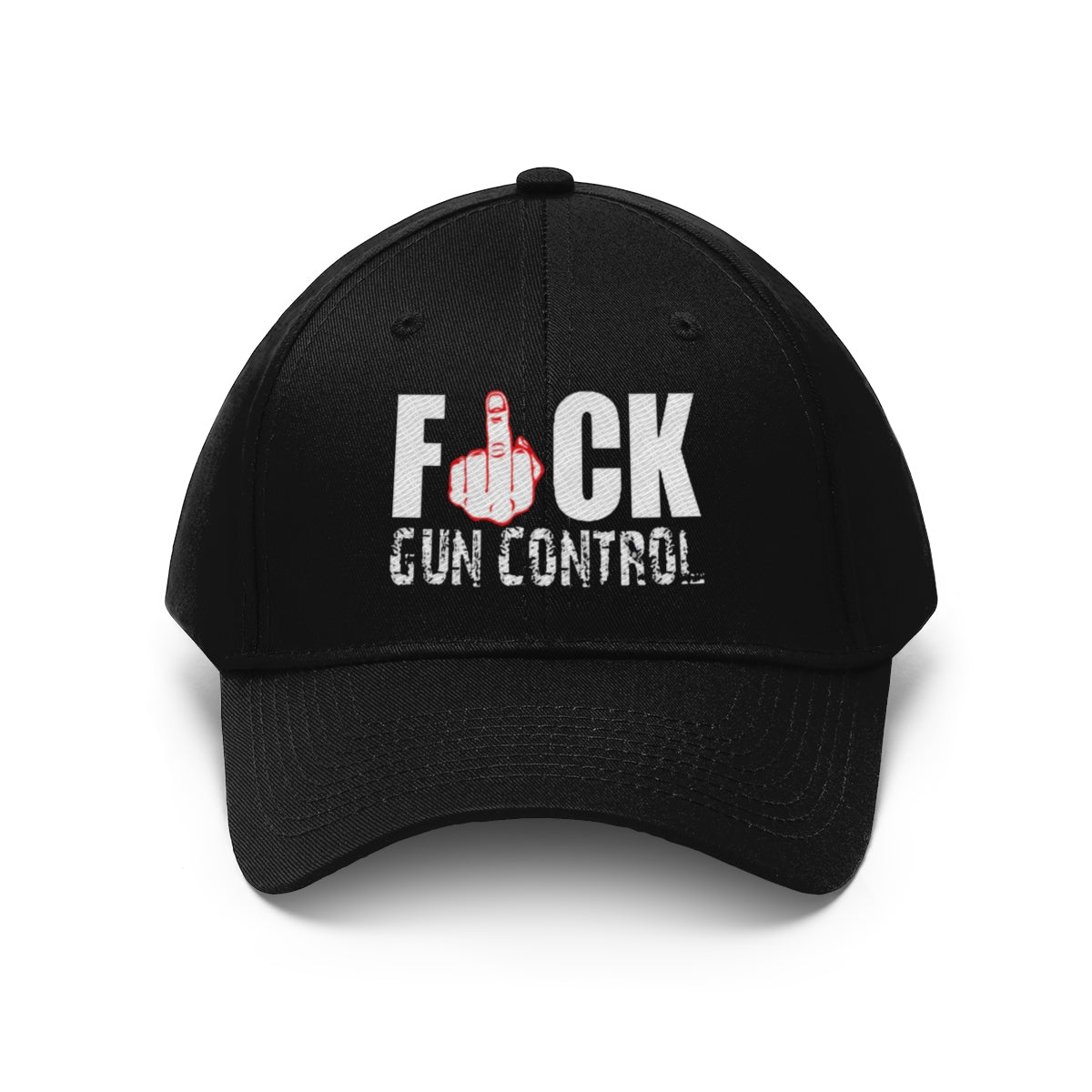 Fuck Gun Control Red Finger Twill Baseball Cap featuring bold graphics on a black cap.