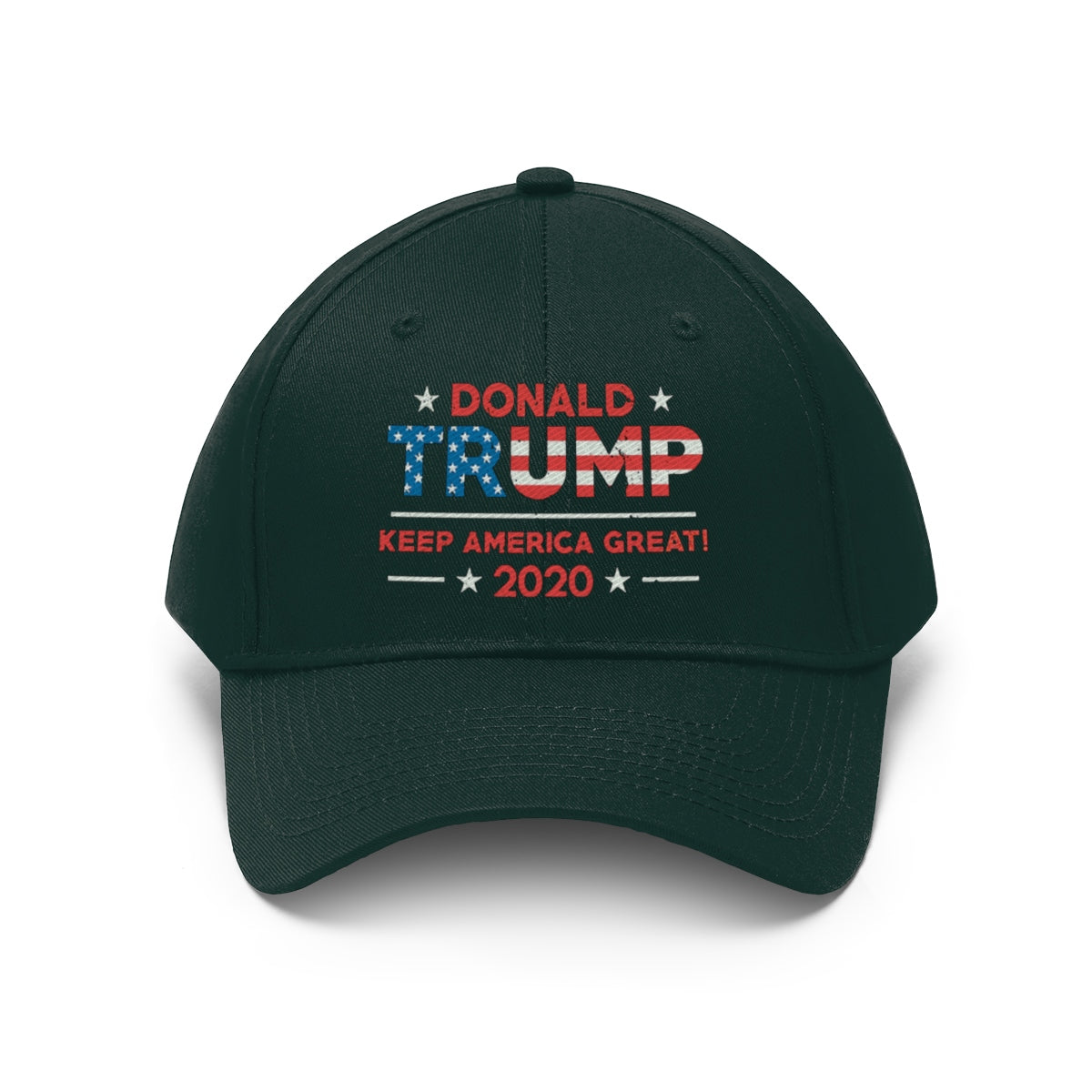 Donald Trump Keep America Great 2020 Twill Cap in black with patriotic design