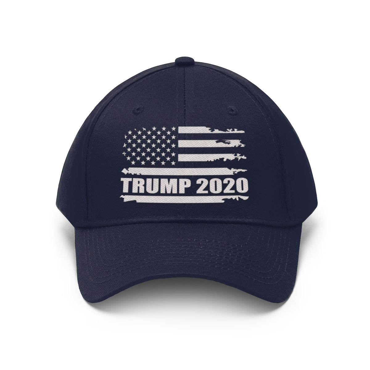 Trump 2020 Distressed American Flag Wht Ltrs Twill Cap featuring a navy blue base and a distressed American flag design.