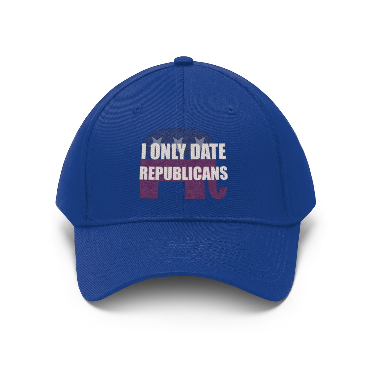 I Only Date Republicans Twill Cap in blue featuring a bold political message and classic design.