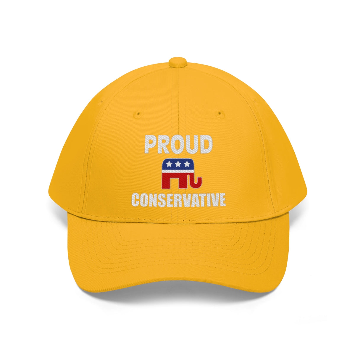Classic Proud Conservative Twill Baseball Cap with a yellow color, featuring PRoud Conservative text and an elephant graphic.