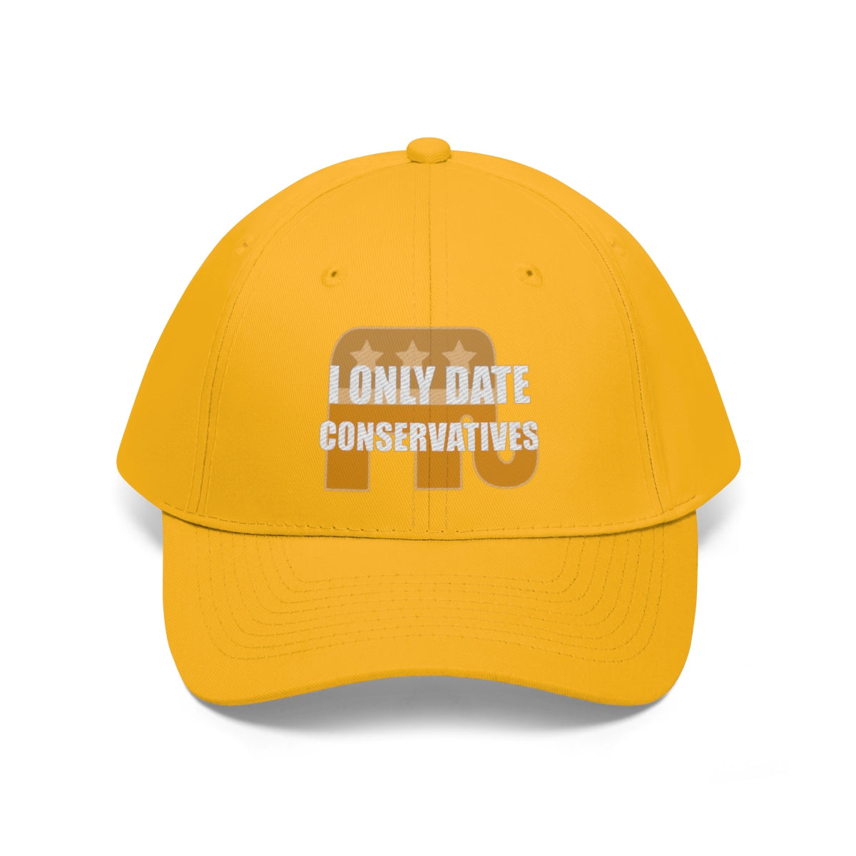 I Only Date Conservatives Twill Cap in vibrant yellow color showcasing bold political statement on the front.