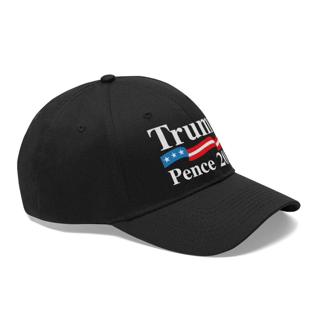 Trump Pence 2020 American Flag Twill Cap featuring a black design and campaign slogan.
