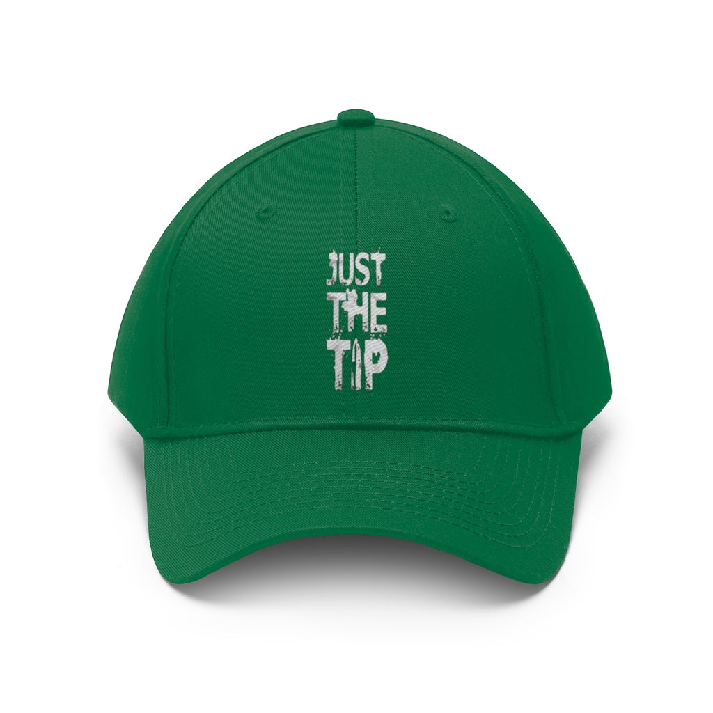Just The Tip Funny Quote Twill Baseball Cap in green color with embroidered text.