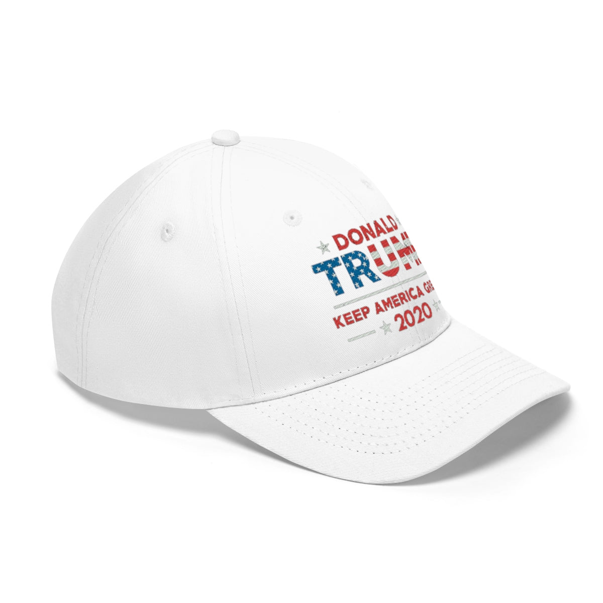 Donald Trump Keep America Great 2020 Twill Cap featuring a patriotic design in red, white, and blue.
