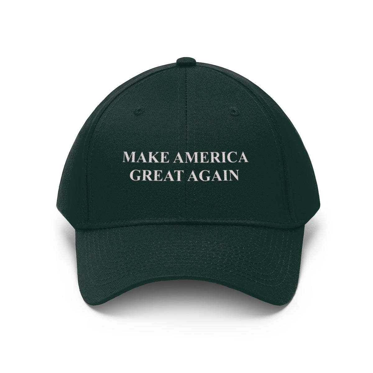 Make America Great Again Twill Cap in dark green with bold lettering on the front.