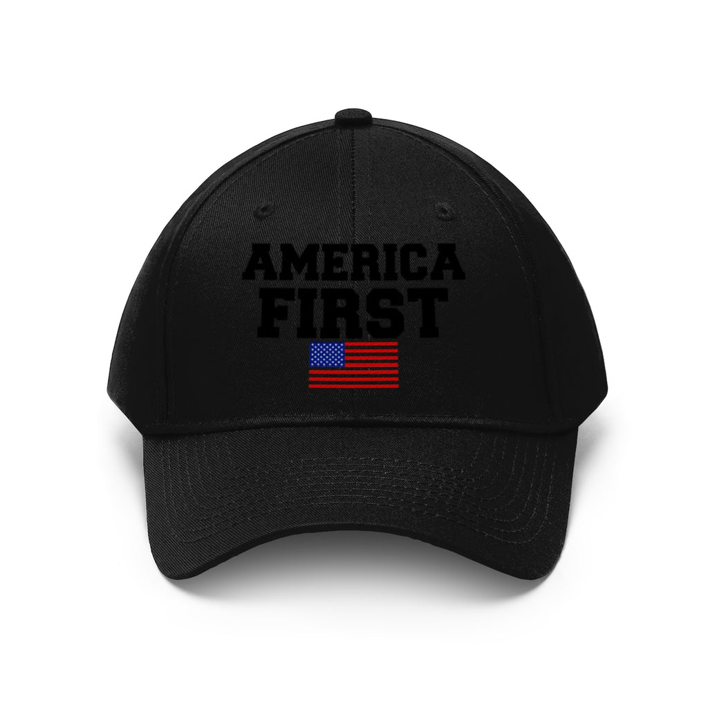 America First Patriotic Twill Cap featuring a prominent design with the American flag and bold text.