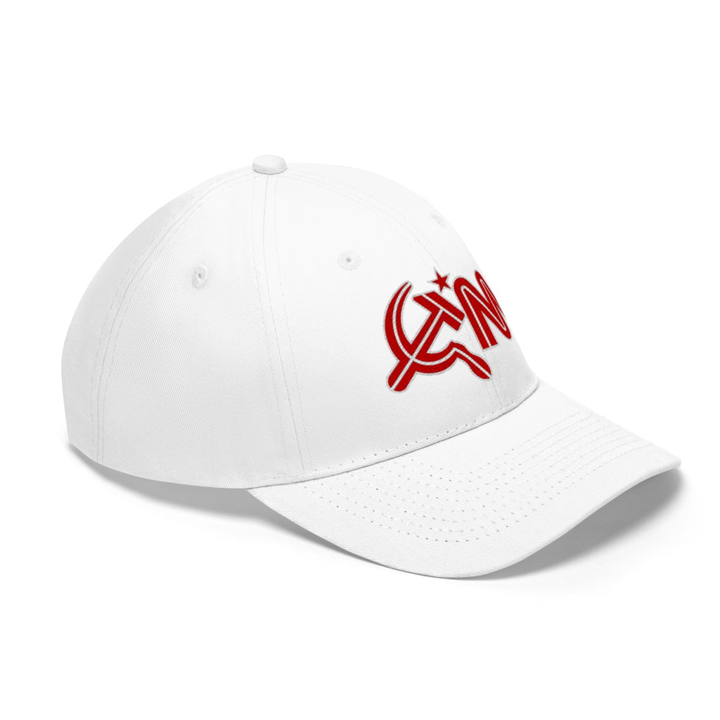 CNN With Hammer And Sickle Twill Cap featuring a white design with red embroidery of CNN and hammer and sickle symbol.