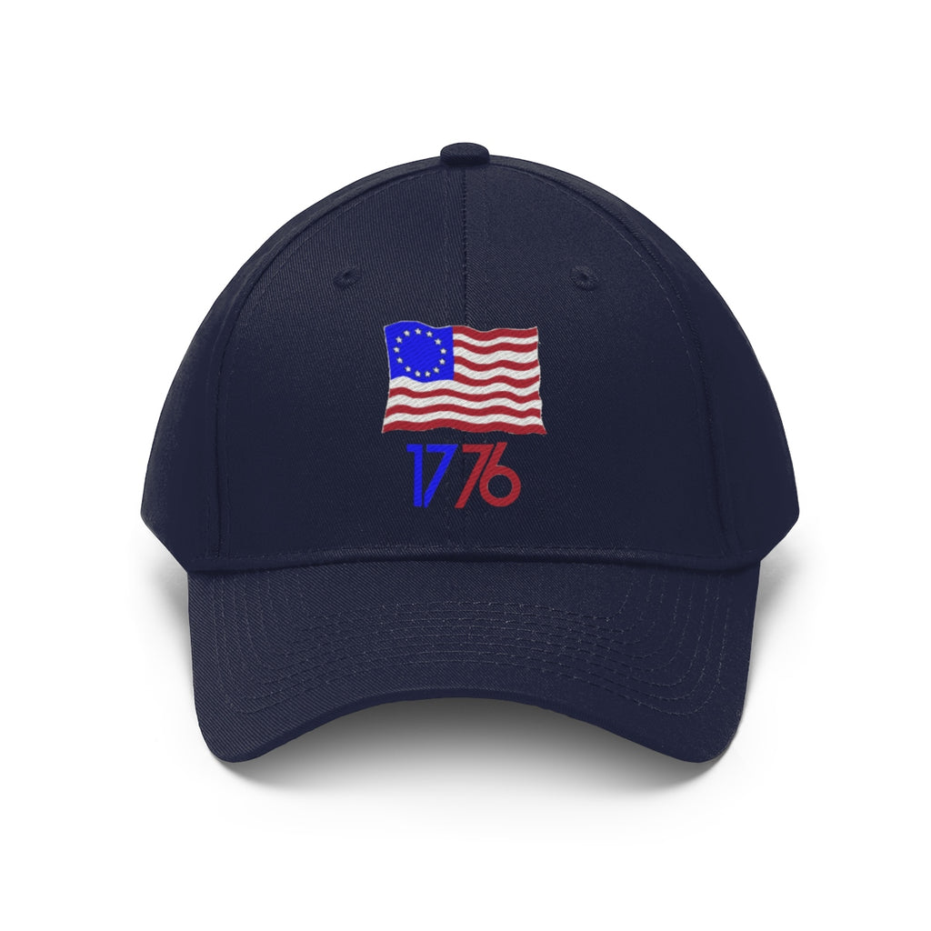 Betsy Ross Flag 1776 Twill Cap, navy blue with embroidered 1776 and flag design, displaying a patriotic statement on premium headwear.