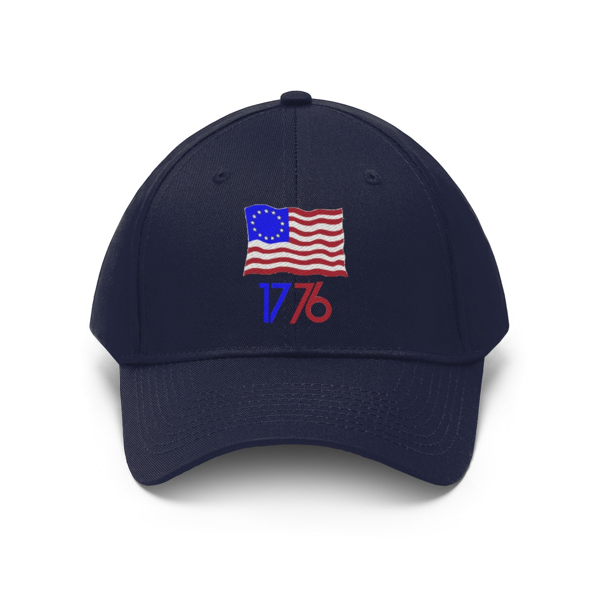 Betsy Ross Flag 1776 Twill Cap, navy blue with embroidered 1776 and flag design, displaying a patriotic statement on premium headwear.