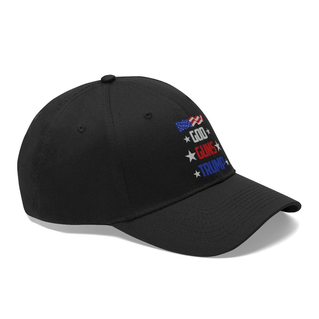 God Guns Trump Patriotic Twill Cap featuring a black design with patriotic elements and bold lettering.