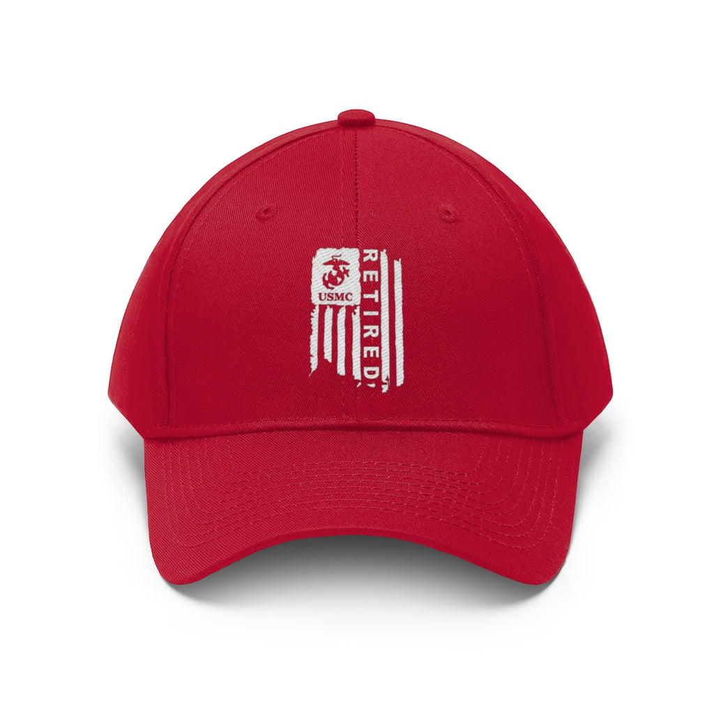 USMC Retired On Distressed American Flag Twill Cap featuring a red design and USMC logo.