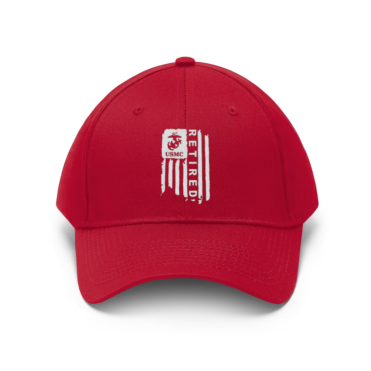 USMC Retired On Distressed American Flag Twill Cap featuring a red design and USMC logo.