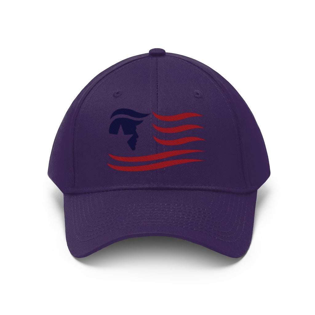 American Flag Twill Cap Trump Classic Patriotic Cap displayed front view on a purple background.