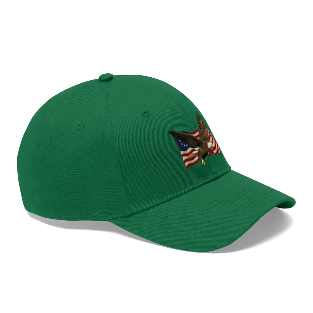 Eagle On American Flag Twill Cap featuring a bald eagle and American flags on a green cap.