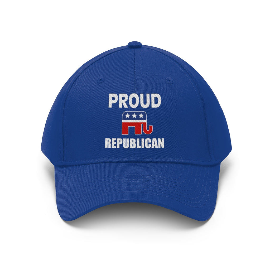 Classic Proud Republican Twill Baseball Cap featuring blue design with 'PROUD REPUBLICAN' text and elephant logo.